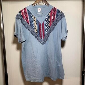 Blue and Red Vintage 90s T-Shirt with Fringe Size XL Western Boho Festival Horse